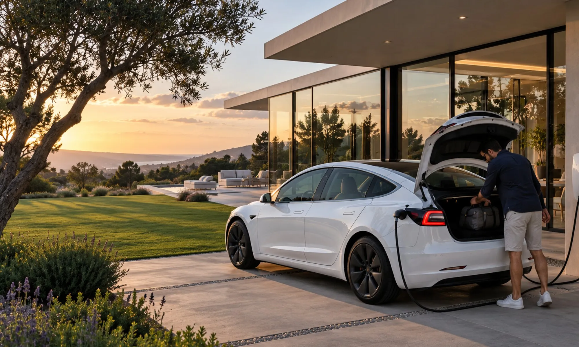 Tesla Model 3 blanco conectado a un cargador en la entrada de una casa
